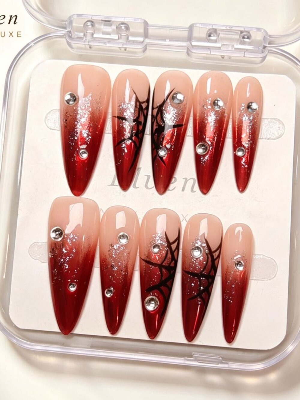 Gothic Stiletto Press On Nails Nude Red Gradient With Spider Web & Rhinestones